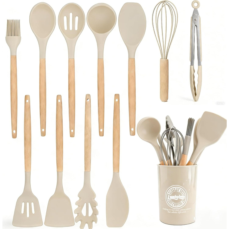 Home Cooking Utensil Set - Wooden Handle Silicone Kitchen Utensils Set