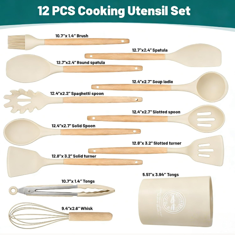 Wooden Handle Silicone Kitchen - Home Cooking Utensil Set 评论和价格